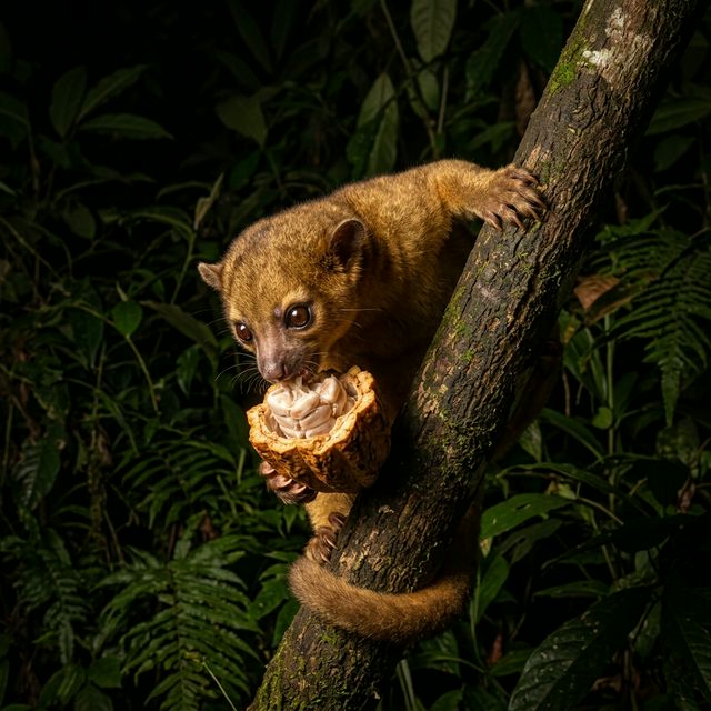 Kinkajou eating a cacao pod